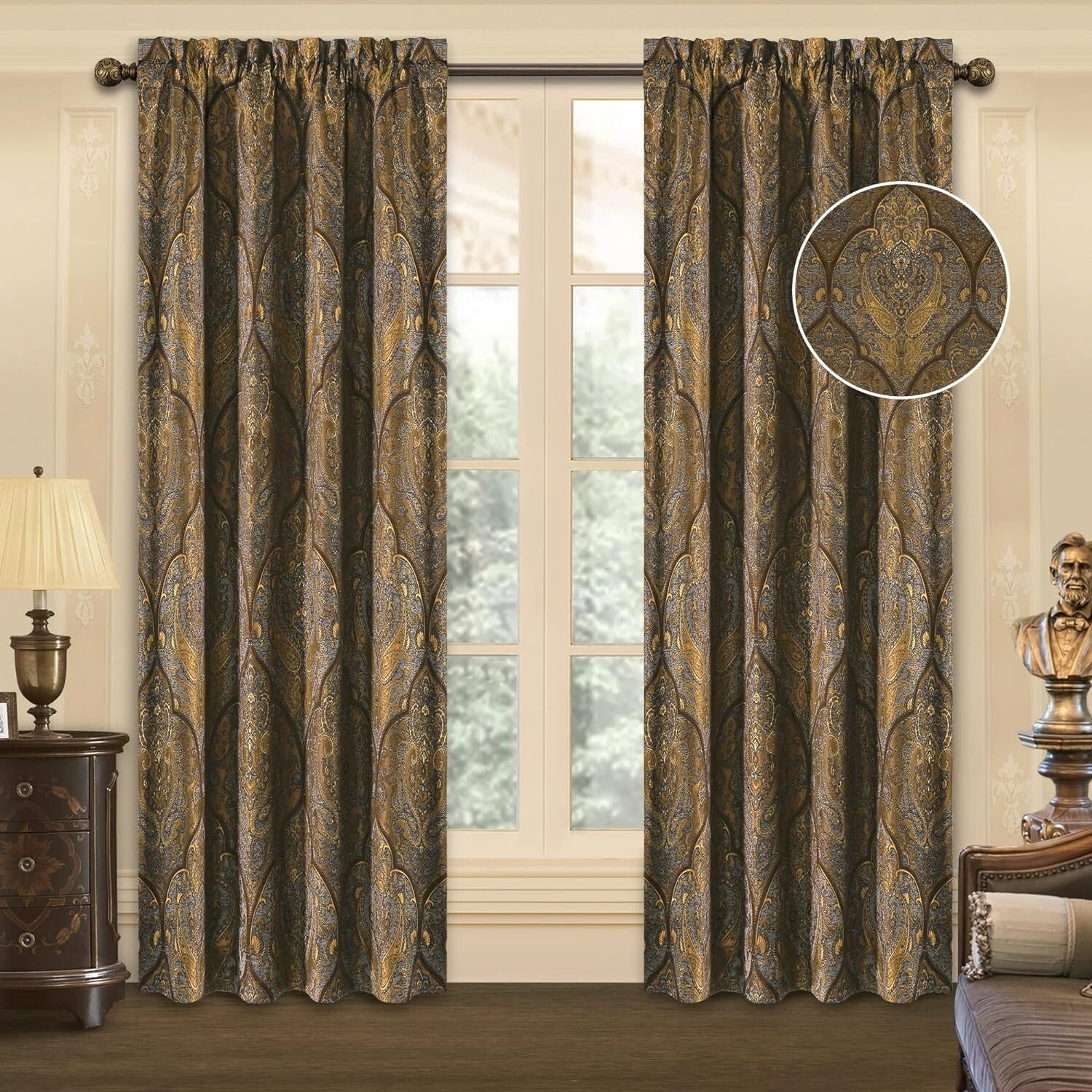 Darkening Jacquard Damask Curtain Panels - Luxury Bronze Gold Curtains Set of 2