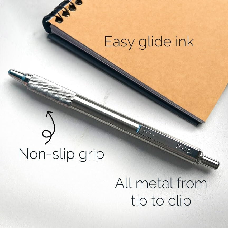 F-701 Retractable Ballpoint Pen 4-Pack - Stainless Steel, Fine 0.8mm Black Ink