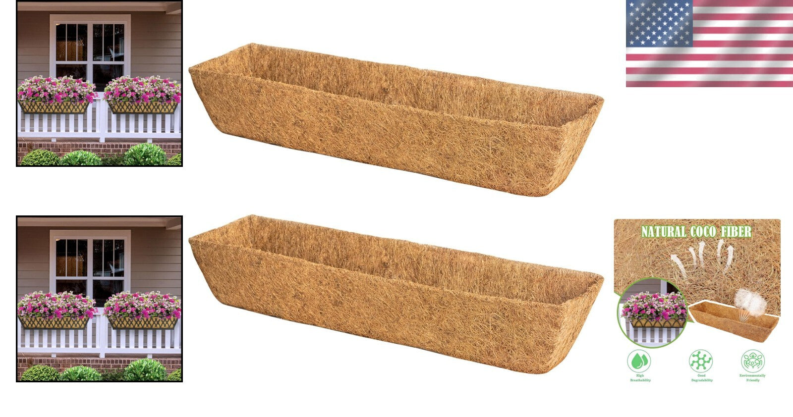 30-Inch Coco Fiber Liners for Window Box Planters - 2 Pack Plant Growth Support
