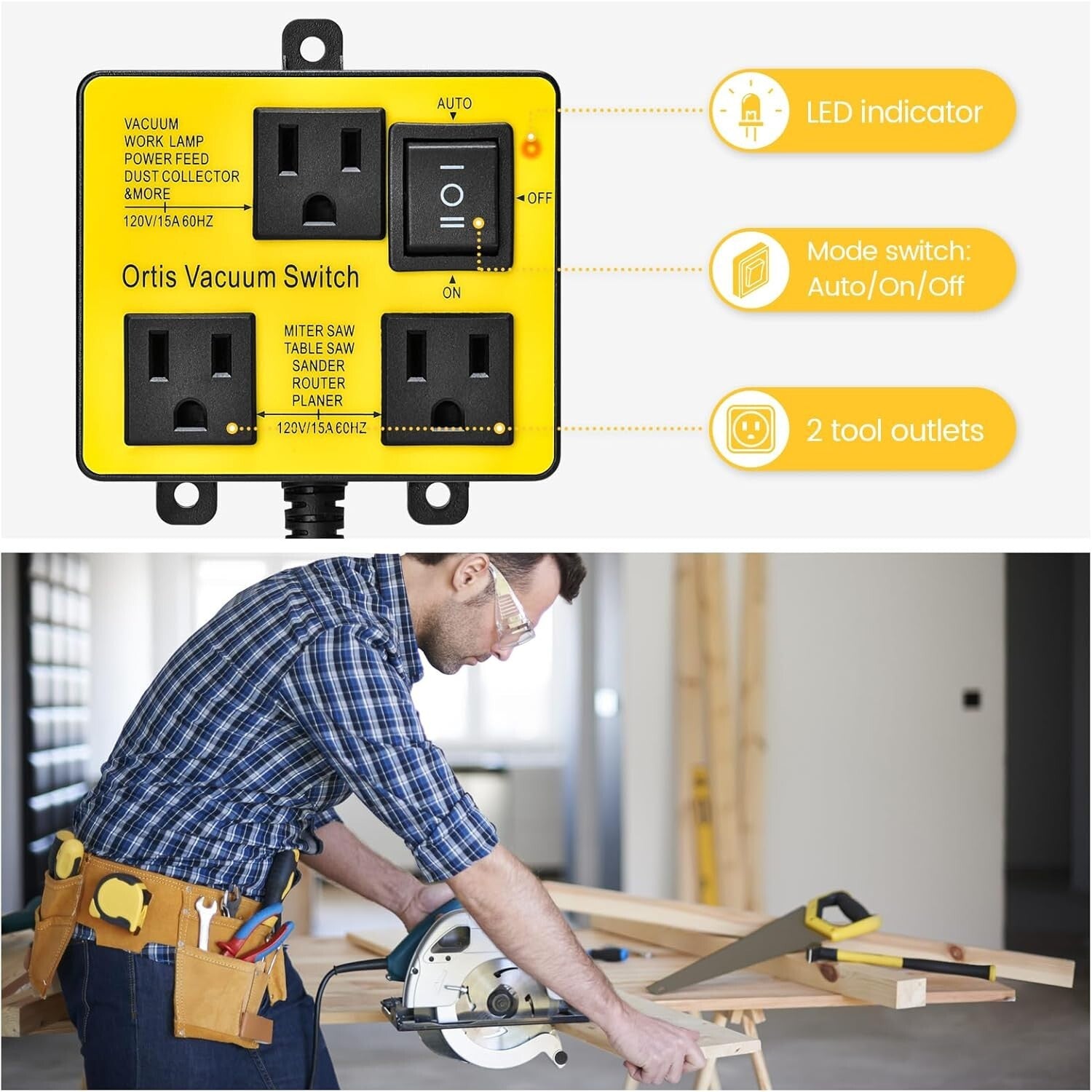 Dual Outlet Automatic Vacuum Switch with Delay - Cleaner Workspaces, Safer Tools