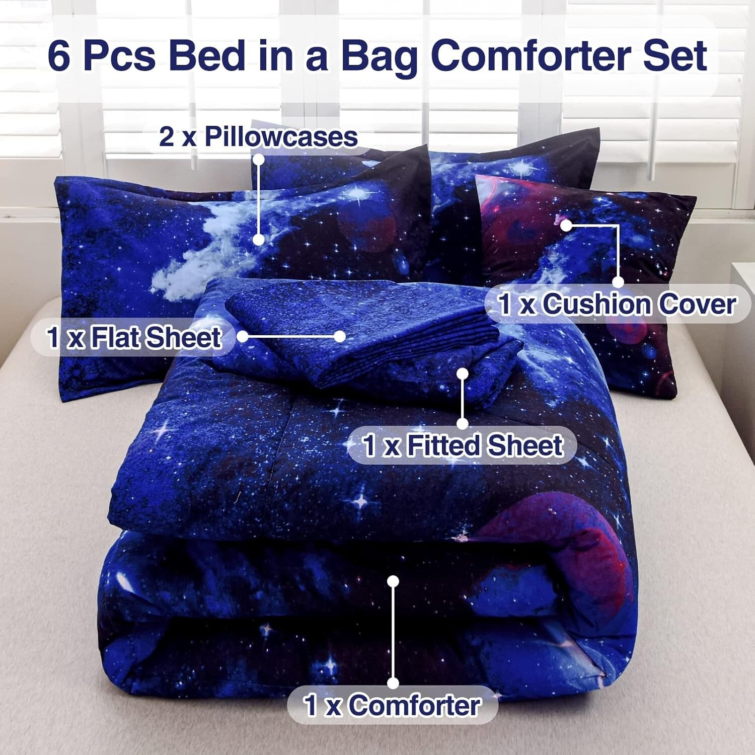 3D Galaxy Print Bedding Set: 6-Piece Comforter & Sheet Set for Boys and Girls
