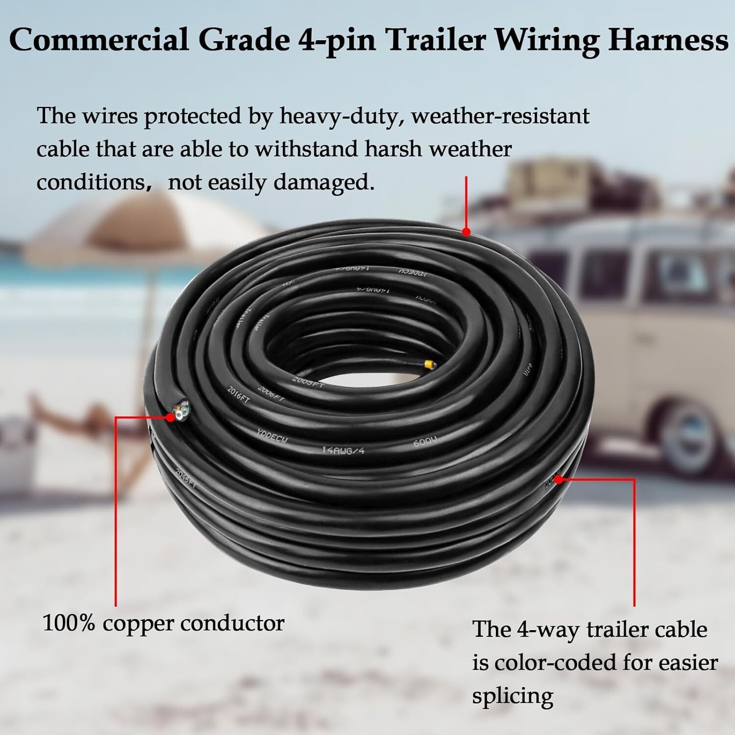 100FT 14 Gauge 4-Wire Copper Extension Cord for RVs and Automotive Applications