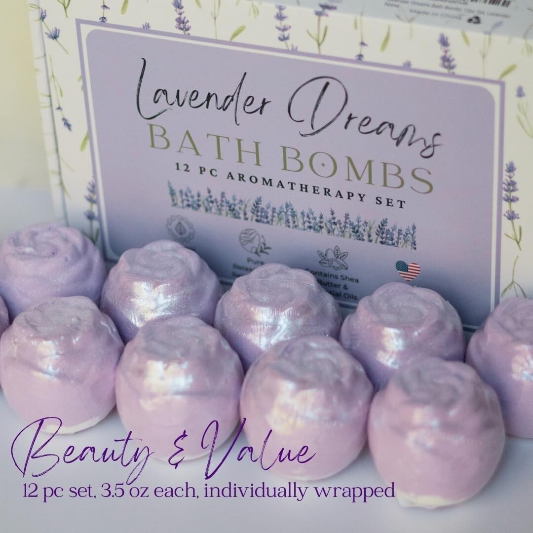 Aromatherapy Lavender Bath Bombs - 12 Large Organic Bath Balls for Relaxation
