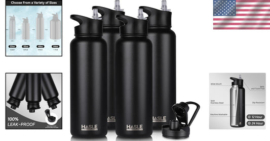 Double Walled 40oz Insulated Black Water Bottle with Straw & Spout Lid Bundle