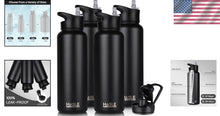 Load image into Gallery viewer, Double Walled 40oz Insulated Black Water Bottle with Straw &amp; Spout Lid Bundle