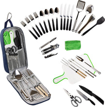 Load image into Gallery viewer, Compact 30-Piece Outdoor Cooking Kit with Organizer Bag - Navy Stainless Steel