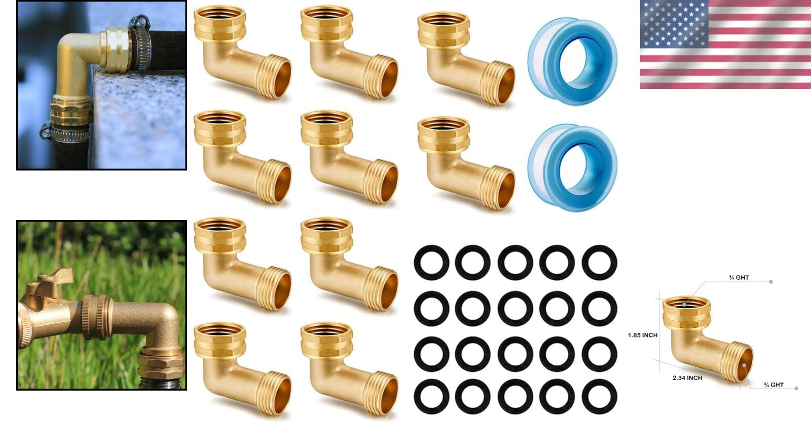 Durable 90 Degree Brass Hose Elbow Connector: 3/4" FHT & MHT, Leak-Free 10 Pack