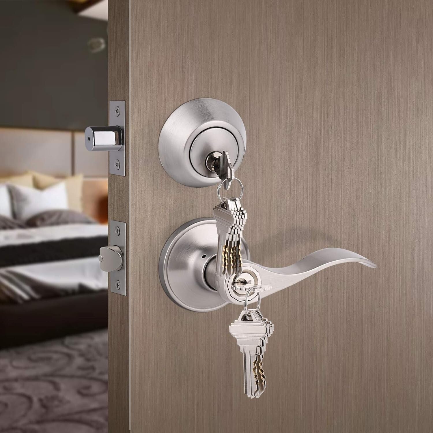 Premium Satin Nickel Lever & Deadbolt Combination lockset - 2 Pack Keyed Alike