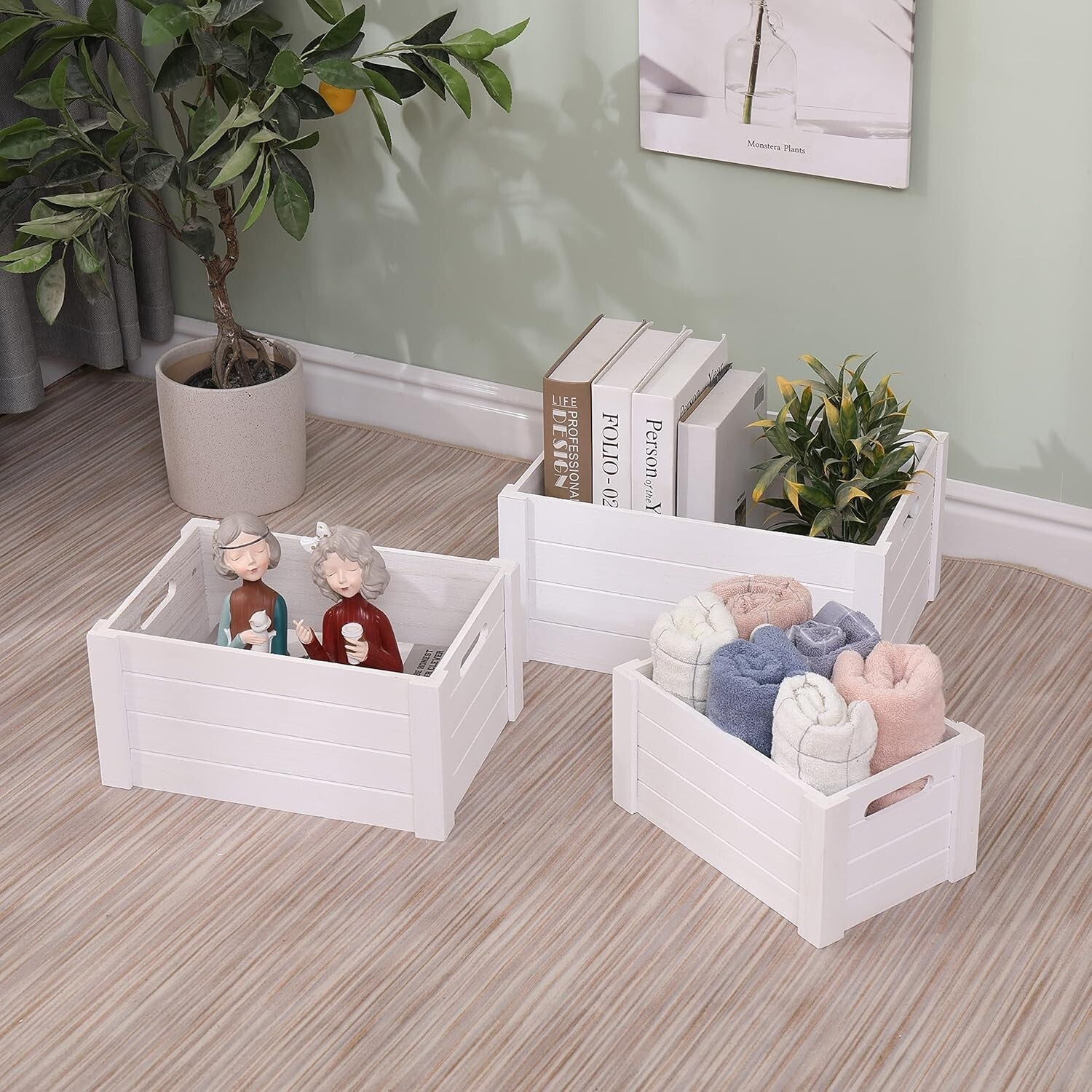 Extra Large Nesting Wooden Crates in Modern White – Decorative Storage Set