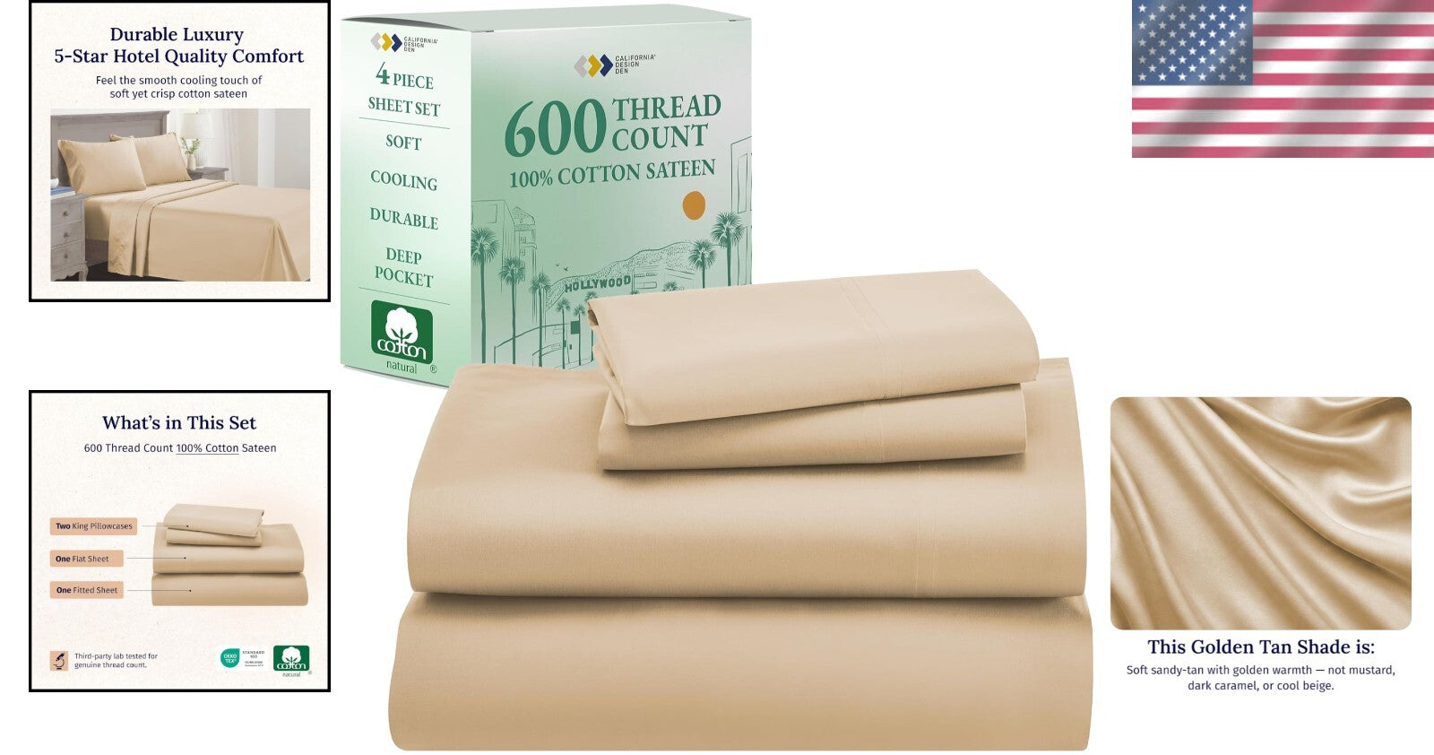Elegant 4-Piece King Cotton Sheet Set - Soft, No-Shrink & Golden Tan Luxury