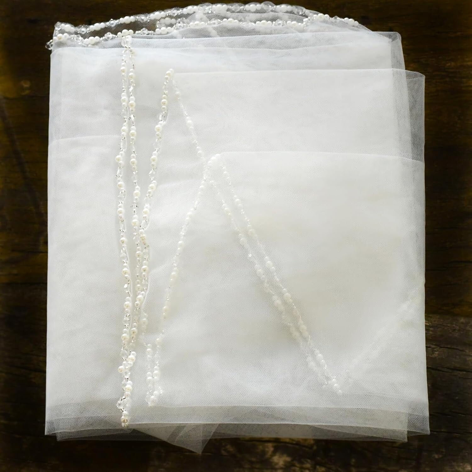 Handmade Pearl and Crystal Beaded Edge Bride's Veil - 78" Fingertip Length