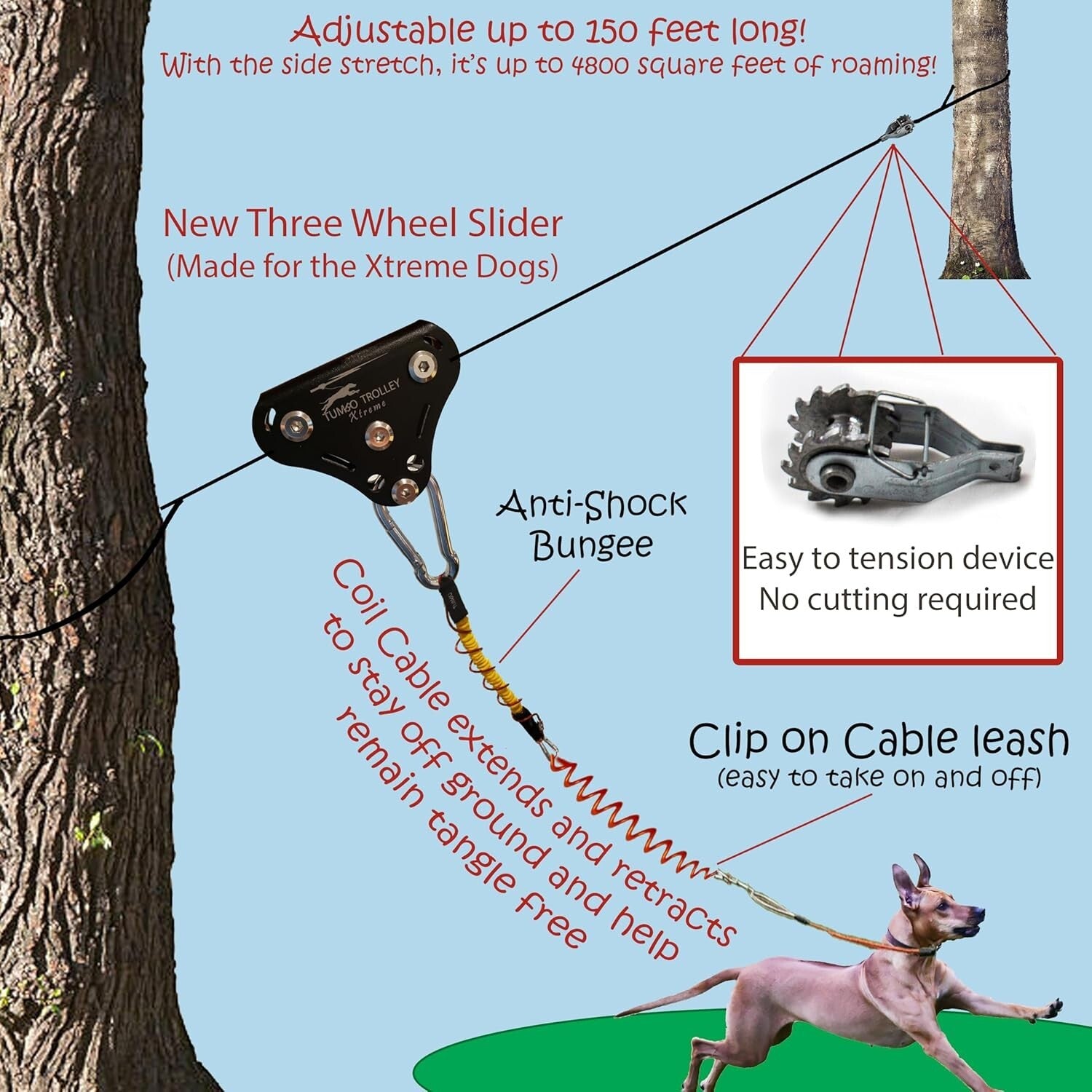 Anti-Shock Aerial Dog Zipline Runner - 150ft Heavy-Duty for Large Dogs