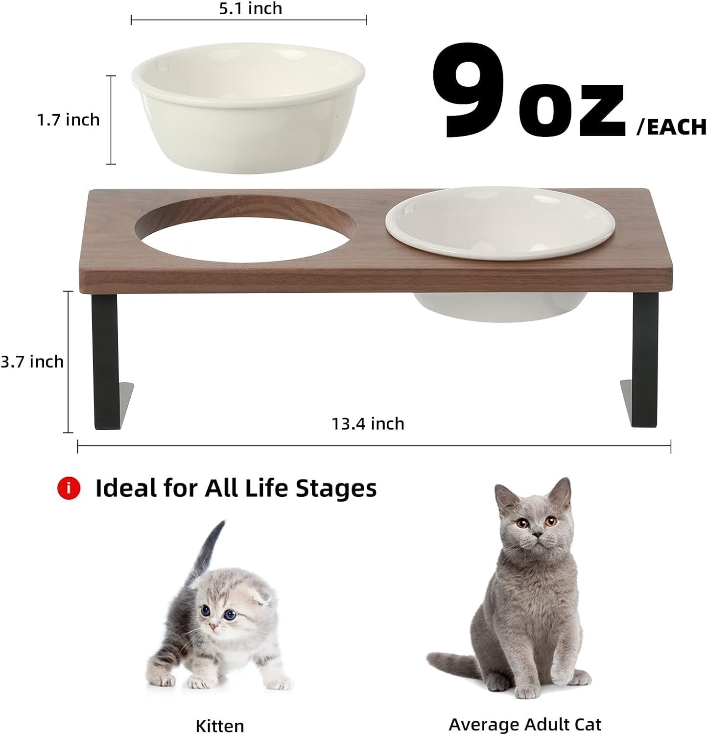 Stylish Elevated Cat and Puppy Bowls with Natural Walnut Stand - Easy Clean