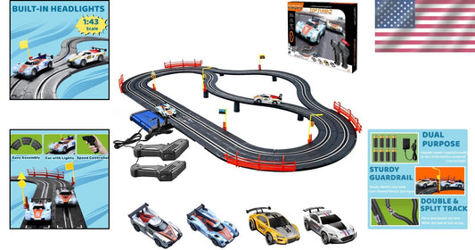 Electric Slot Car Racing Track Set with 4 Cars & 2 Controllers - 1:43 Scale