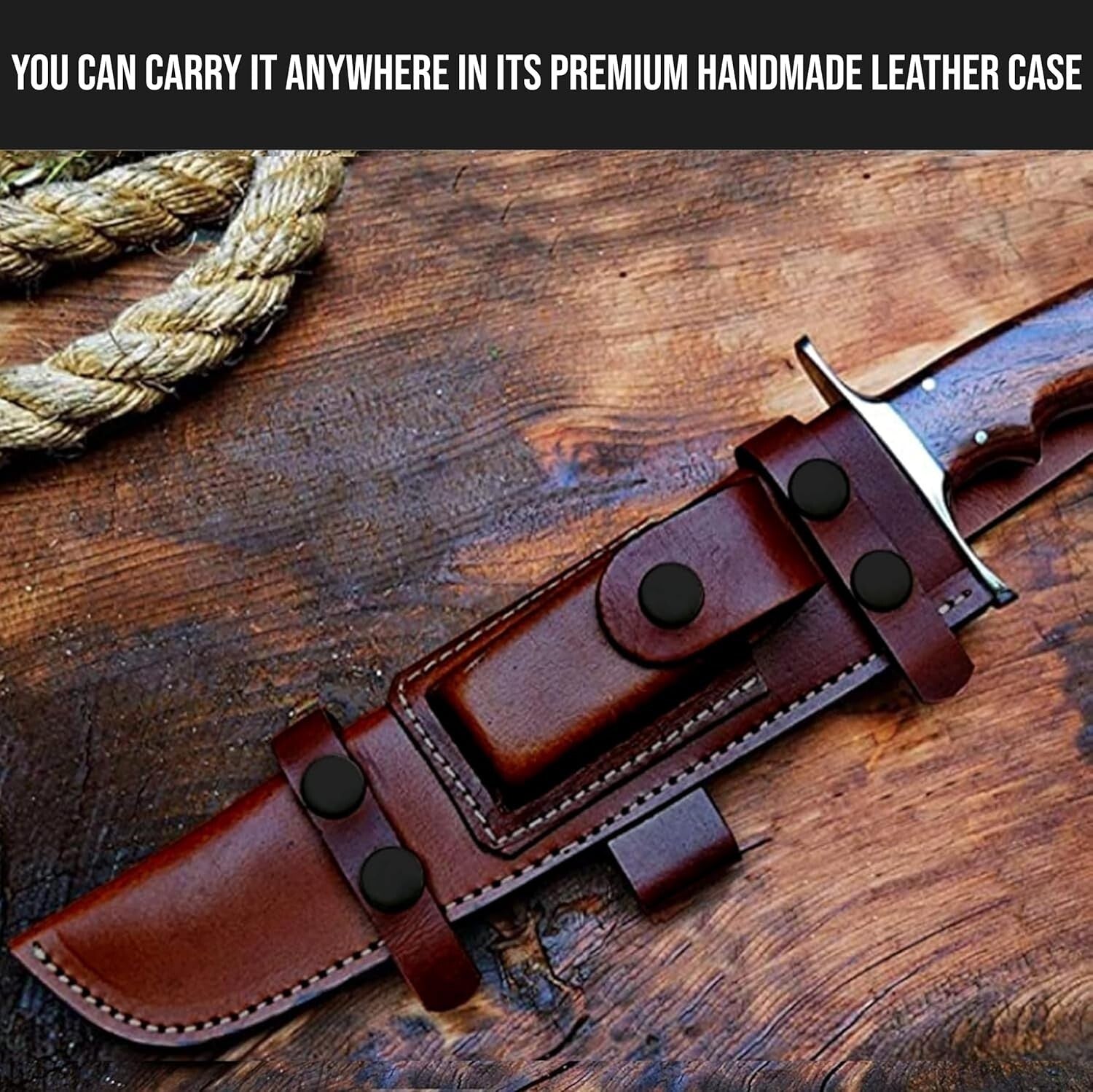 Damascus Steel Hunting Knife with Ergonomic Walnut Handle & Leather Sheath