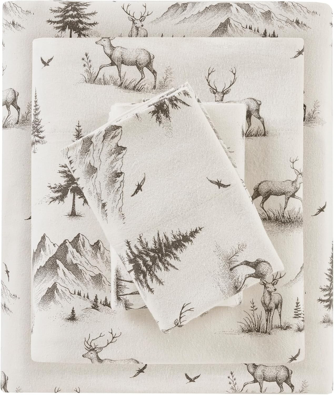 Cozy 100% Cotton Flannel Sheet Set in Gray Deer Toile - Full Size Comfort