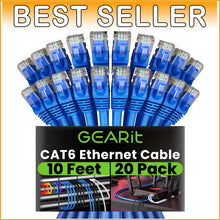 Load image into Gallery viewer, Bulk 20-Pack Cat 6 Ethernet Patch Cables - 10 Feet, Gold-Plated RJ45 Connectors