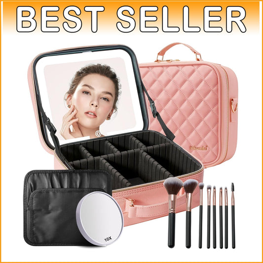 Elegant Travel Makeup Case with LED Mirror, 10X Magnifier & 8 Premium Brushes