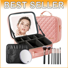 Load image into Gallery viewer, Elegant Travel Makeup Case with LED Mirror, 10X Magnifier &amp; 8 Premium Brushes