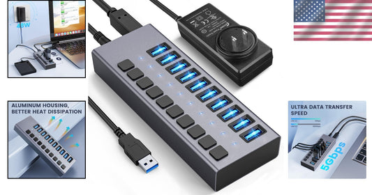 Aluminum 10-Port USB 3.0 Splitter with Surge Protection & 5Gbps Transfer Speed