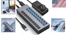 Load image into Gallery viewer, Aluminum 10-Port USB 3.0 Splitter with Surge Protection &amp; 5Gbps Transfer Speed