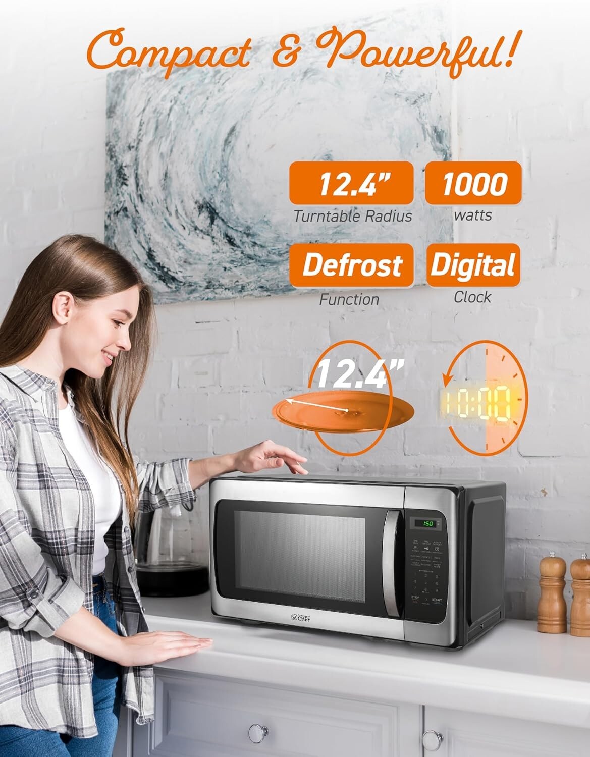 Compact countertop Microwave with Push Button Lock & 1000W Power - 1.1 Cu Ft