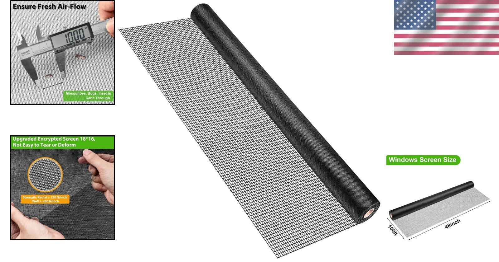 Heavy-Duty 48" x 100ft Fiberglass Window Screen Mesh Roll - Easy to Install