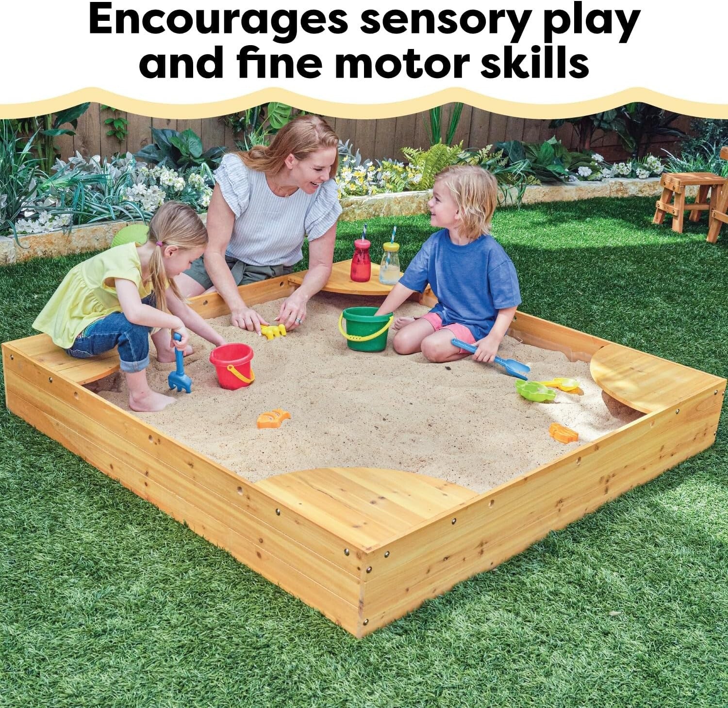 Spacious Wooden Sandbox with Built-in Seating and Weather-Resistant Mesh Cover