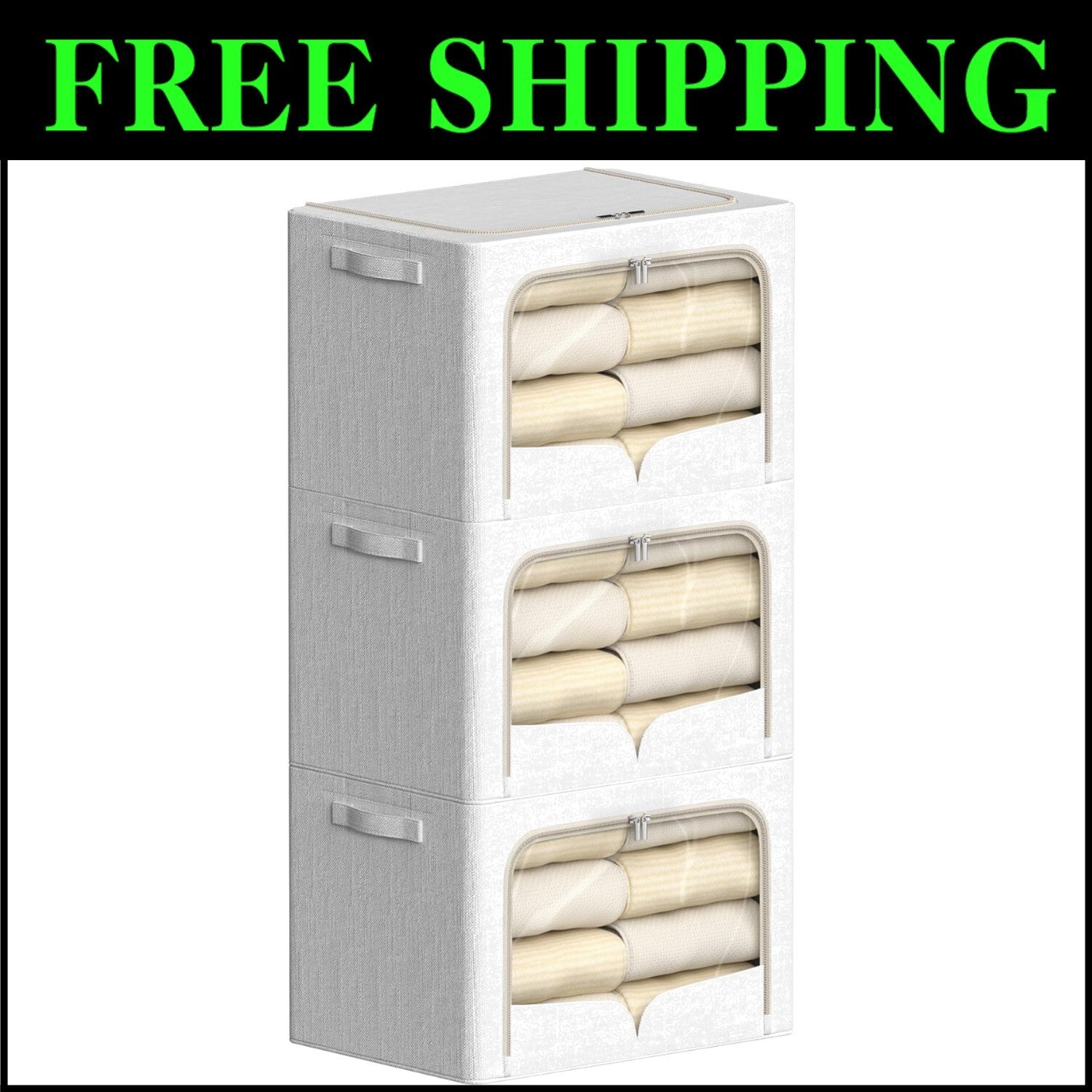 3-Pack Cream White Foldable Stackable Linen Storage Boxes with Clear Window