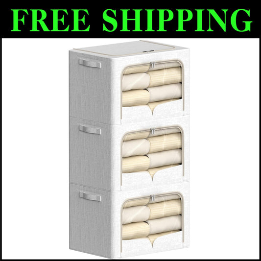 3-Pack Cream White Foldable Stackable Linen Storage Boxes with Clear Window