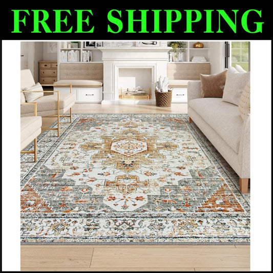 Large 9' x 12' Washable Vintage Rug with Non-Slip Backing for Living Spaces