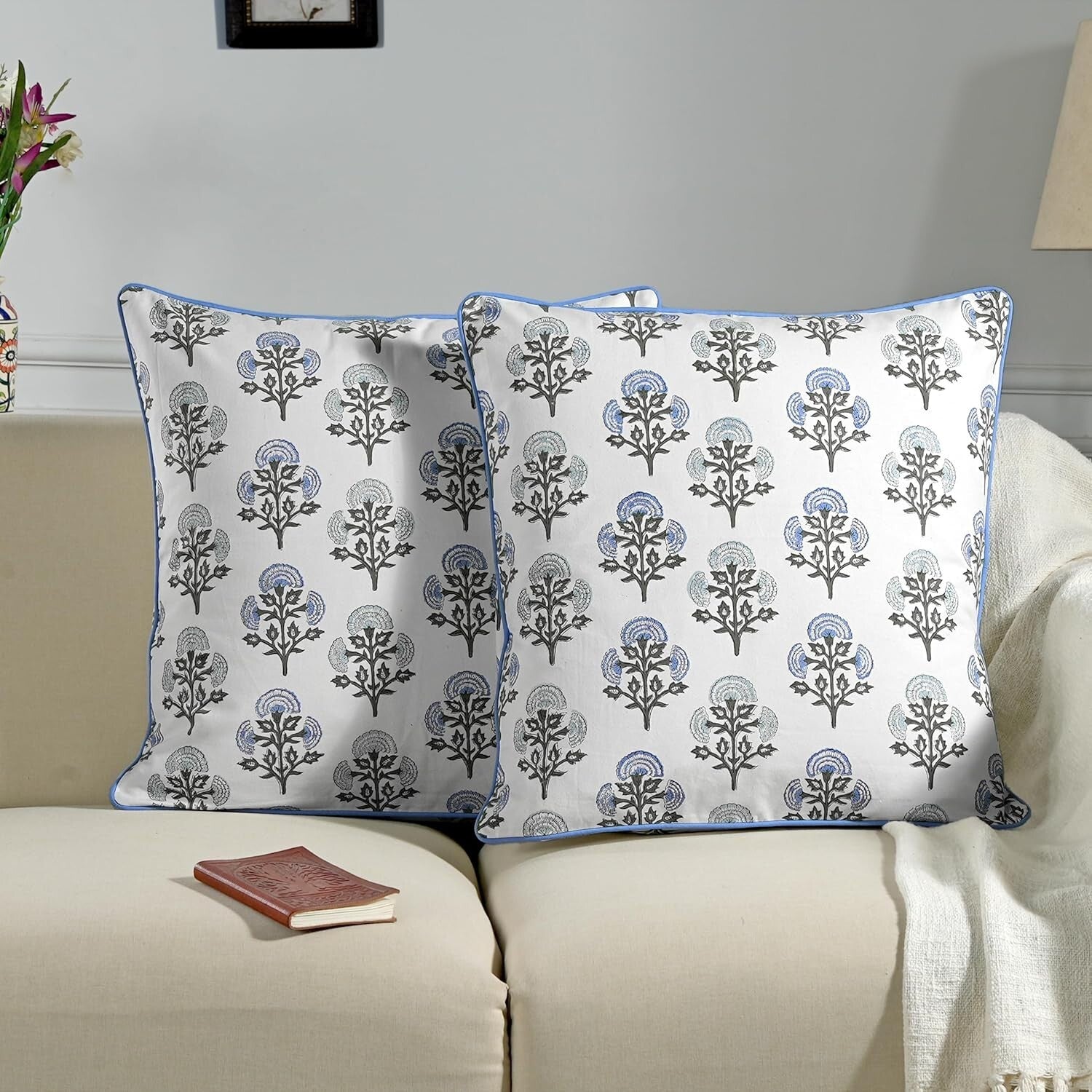 Elegant 18x18 Cotton Block Print Pillow Covers Set of 2 for Rustic Living Rooms