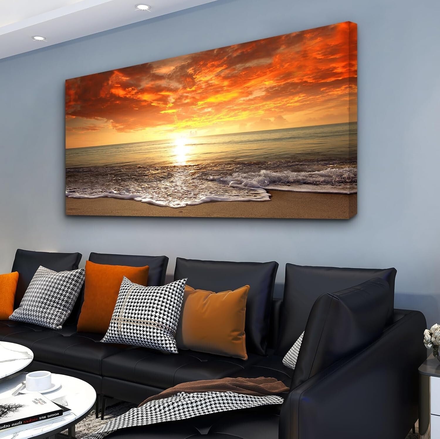 Elegant Framed Ocean Sunset Giclee Artwork - Ready to Hang 20x40 Inch Canvas