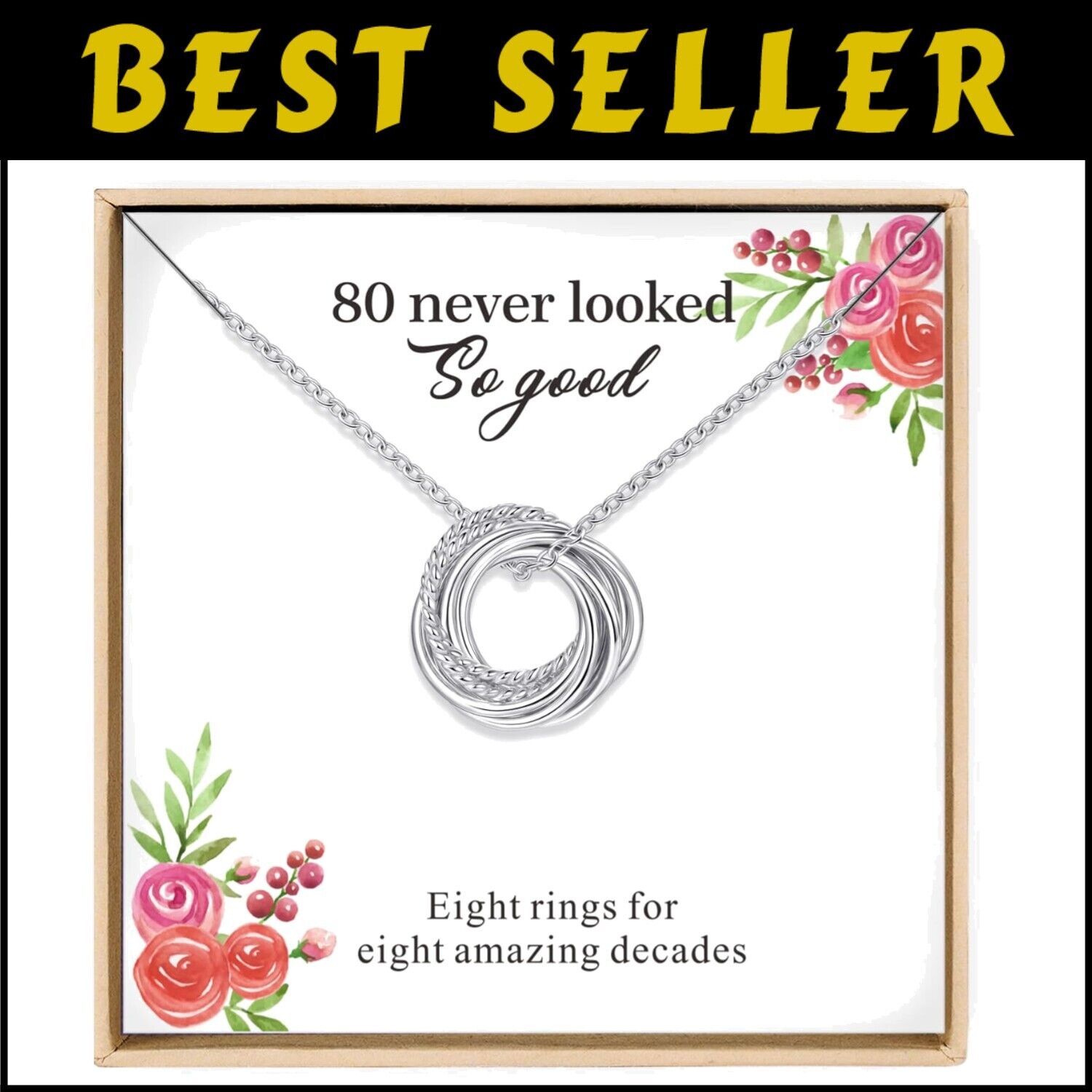 Elegant 80th Birthday Gift - Sterling Silver Necklace with Interlocked Rings