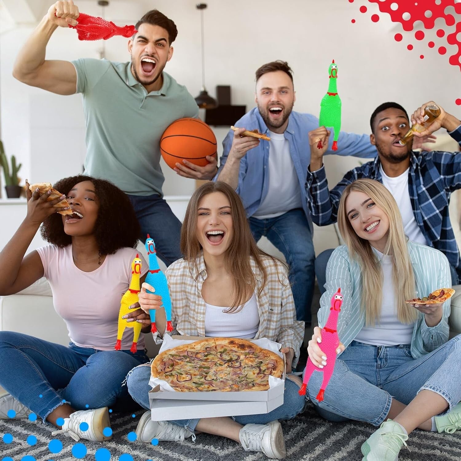 Funny 12'' Rubber Chicken Toy Set - 32 Multi-Colored Squeaky Stress Busters