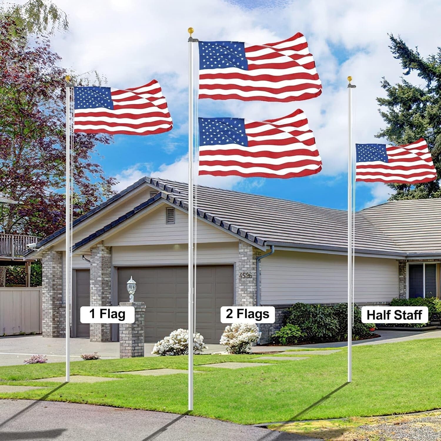 20 FT Heavy Duty Aluminum Flag Pole Kit with 3x5 American Flag - Silver Finish