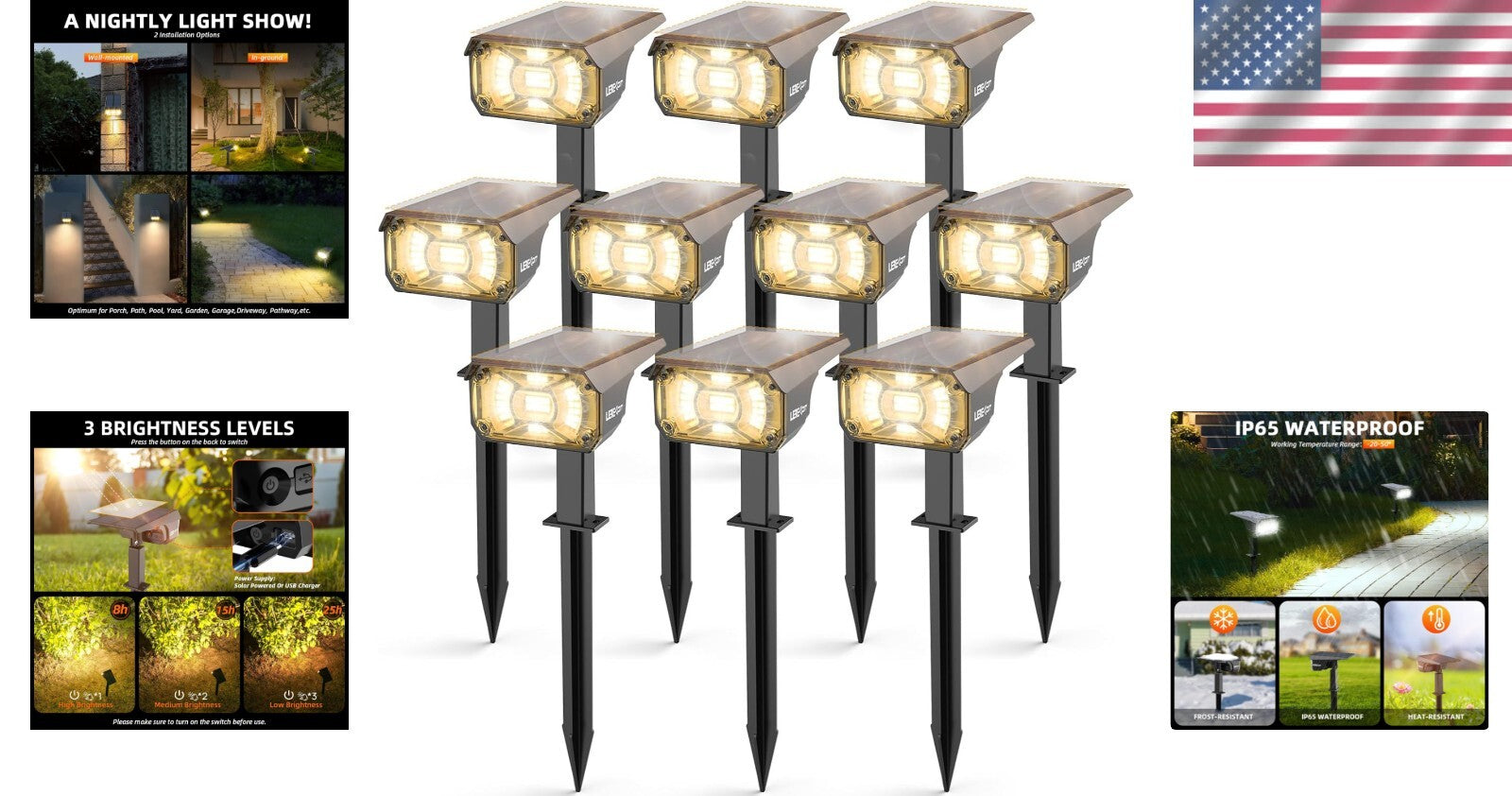 10 Pack Waterproof Solar LED Landscape Lights with Adjustable Brightness