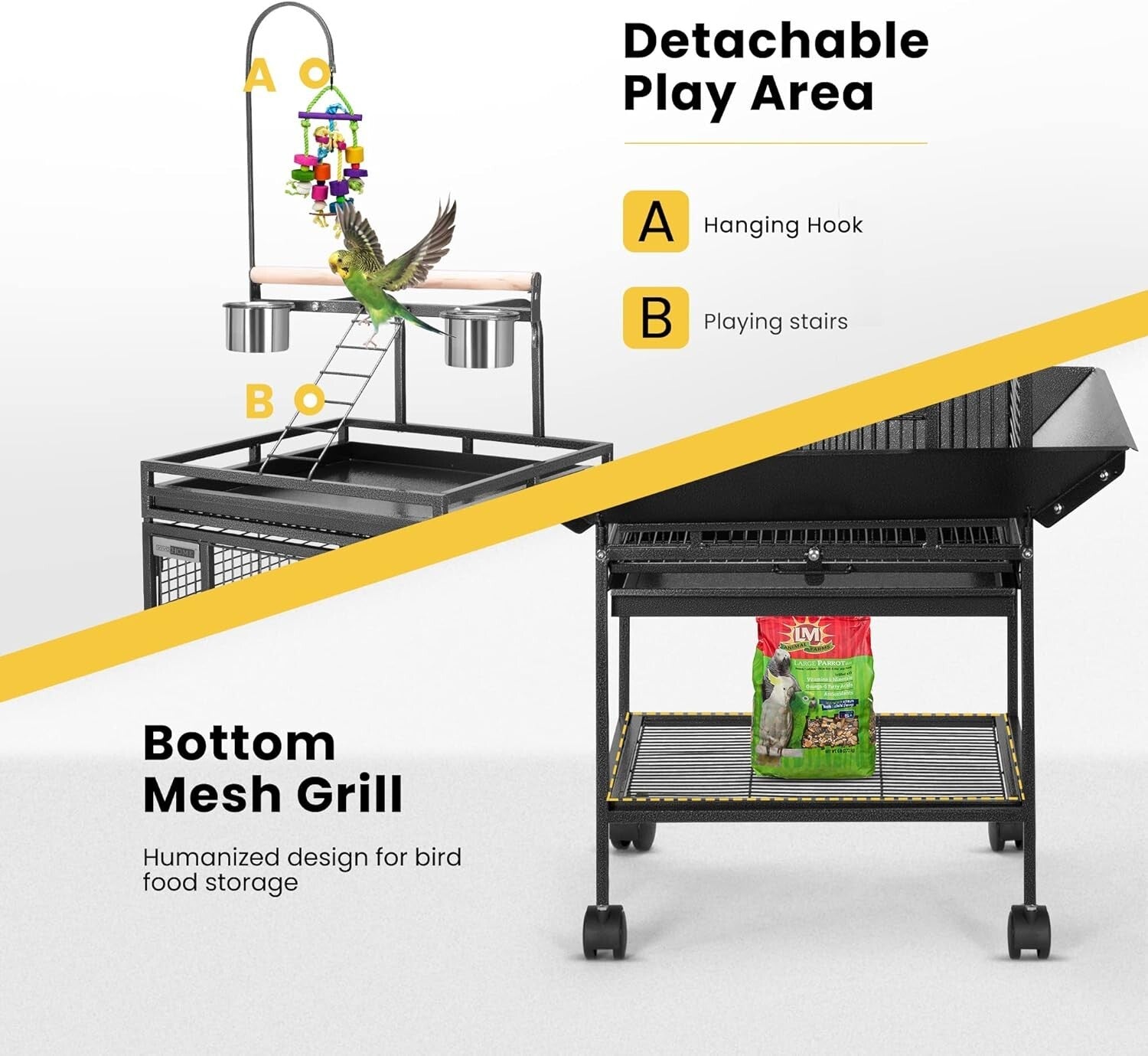 Elegant Black Bird Cage with Play Top - Ideal for African Grey, Macaws, and More