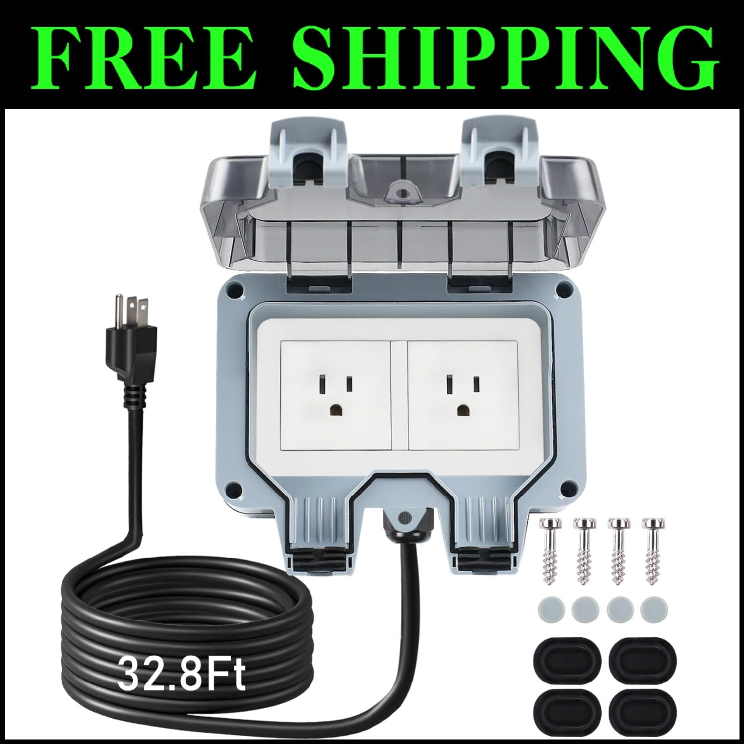 Weatherproof Outdoor Electrical Socket with 32.8Ft Extension Cord for Security