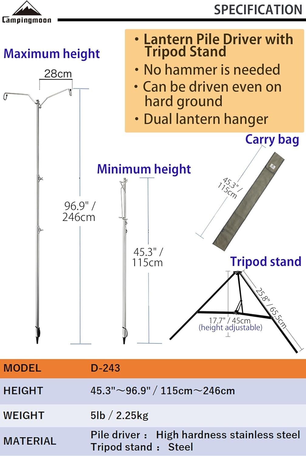 Camp-Ready Durable Lantern Stand with Dual Hooks & Tripod Design - D-240, D-243