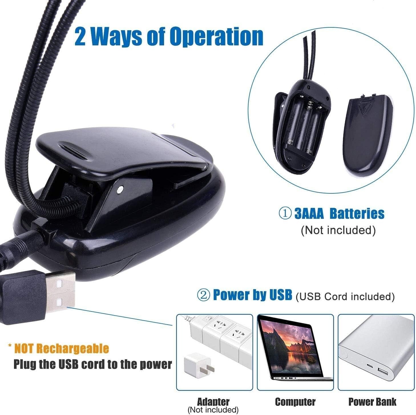 Adjustable USB & AAA Battery Clip-On Music Stand Lights - Perfect for Travel