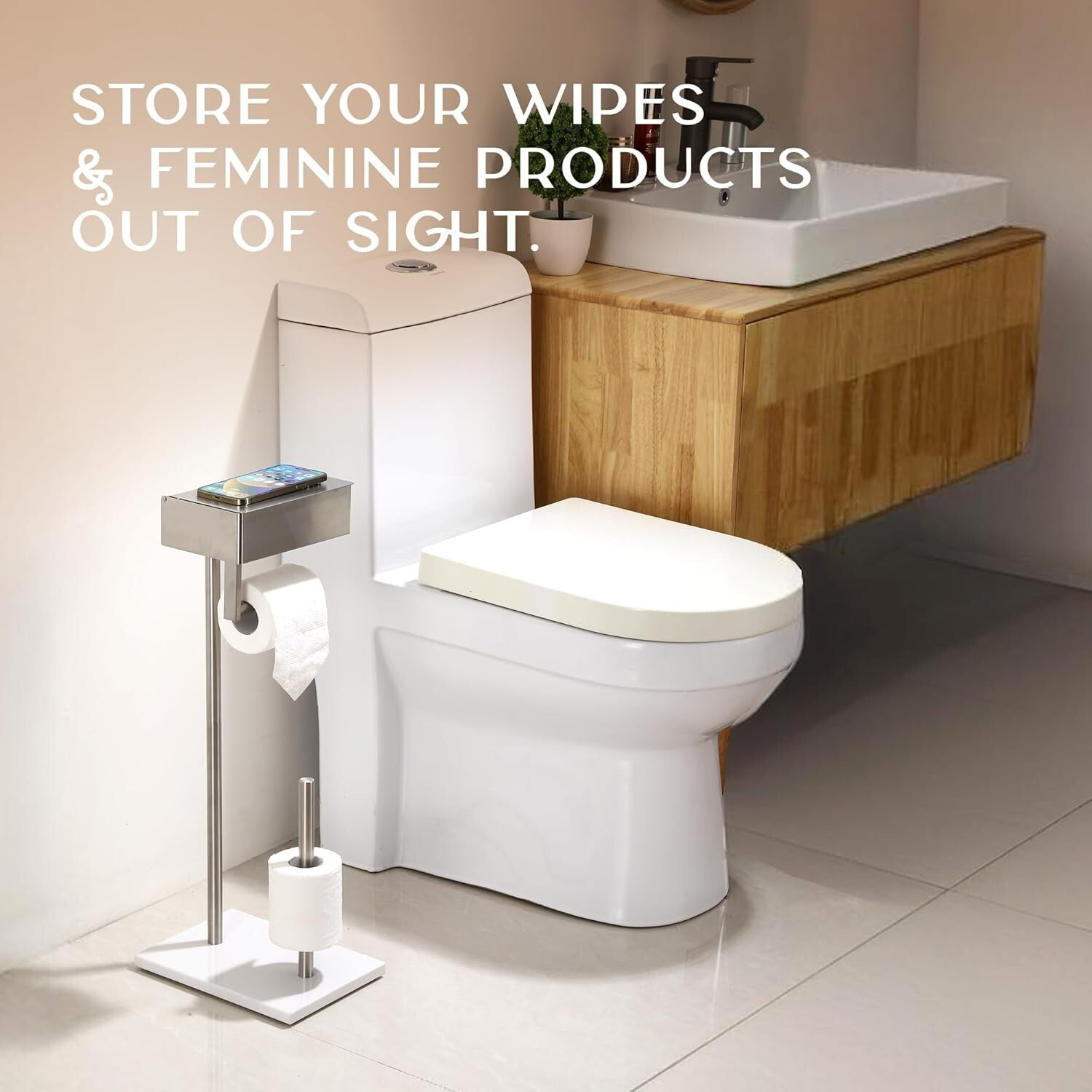 Elegant Stainless Steel Toilet Paper Stand with Hidden Wipes Storage Shelf