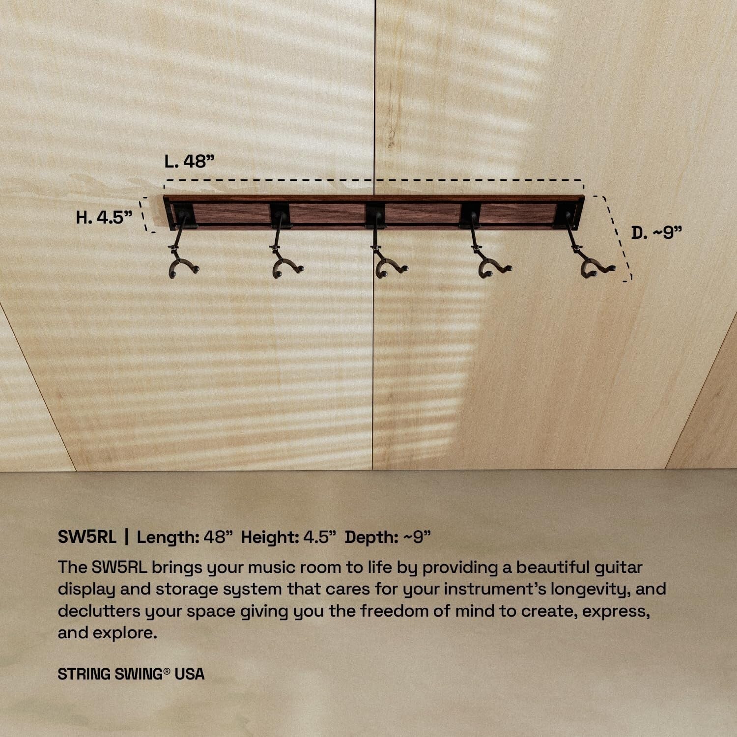 Elegant Guitar Wall Rack for 5 Guitars - Walnut Print Aluminum, Easy Install