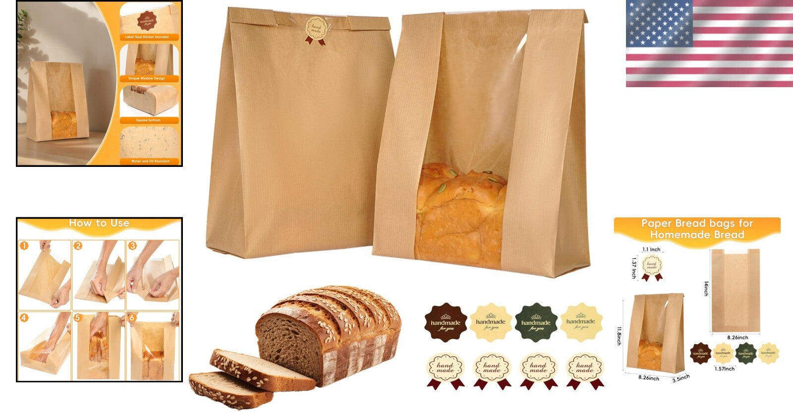 Elegant Kraft Paper Bread Bags with Window - 200 Bags & 410 Stickers Included