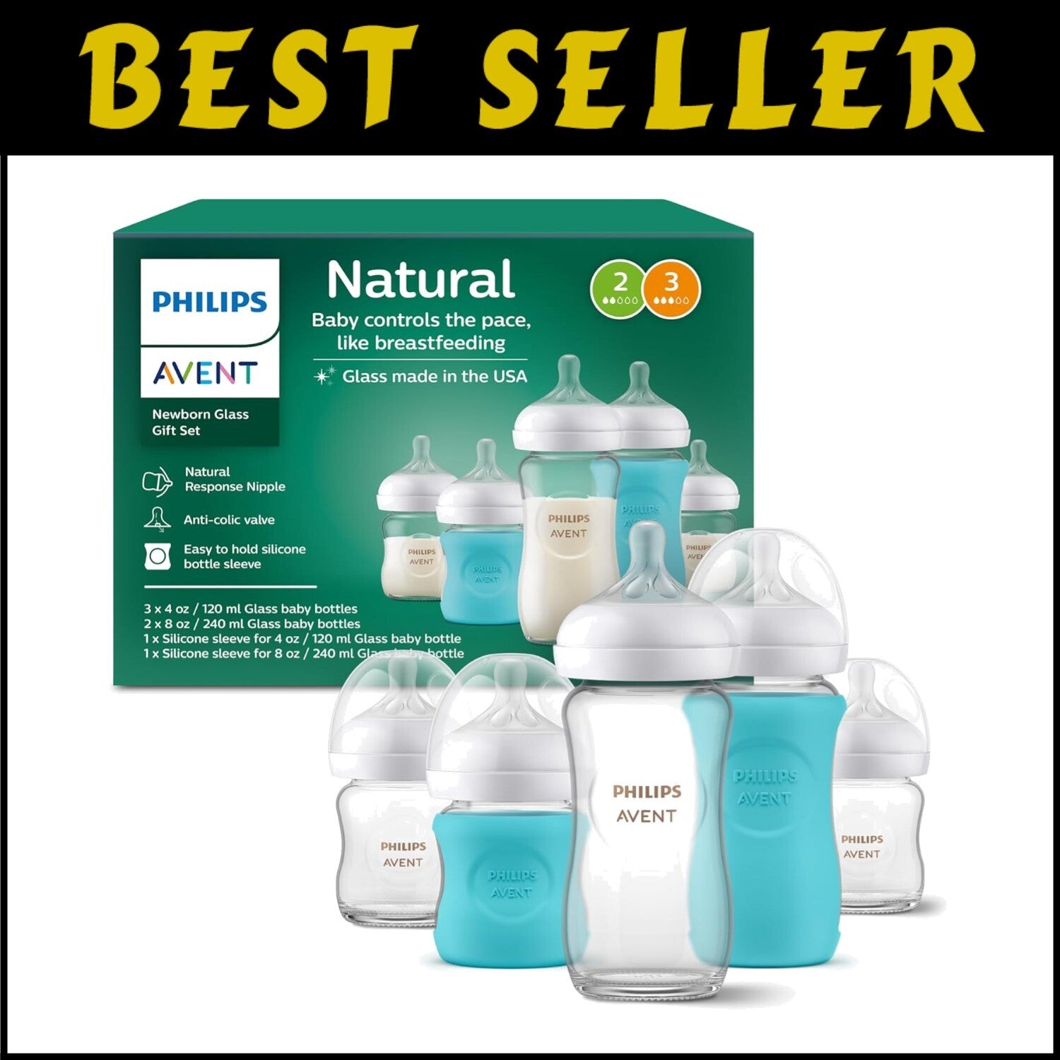 Philips Premium Glass Baby Bottles Gift Set with Natural Flow Nipples & Sleeves
