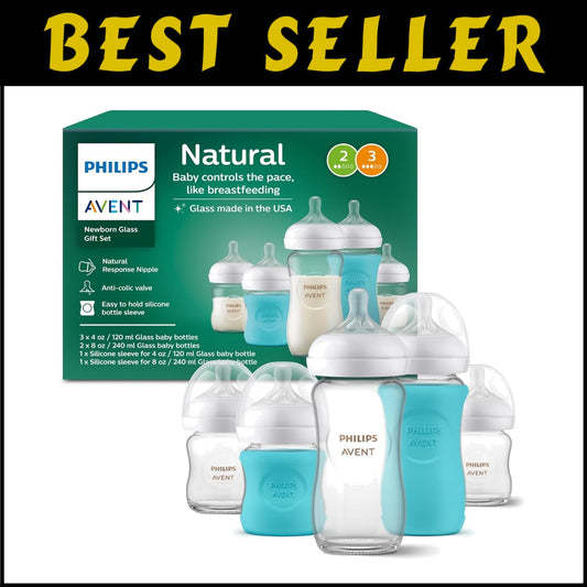 Philips Premium Glass Baby Bottles Gift Set with Natural Flow Nipples & Sleeves