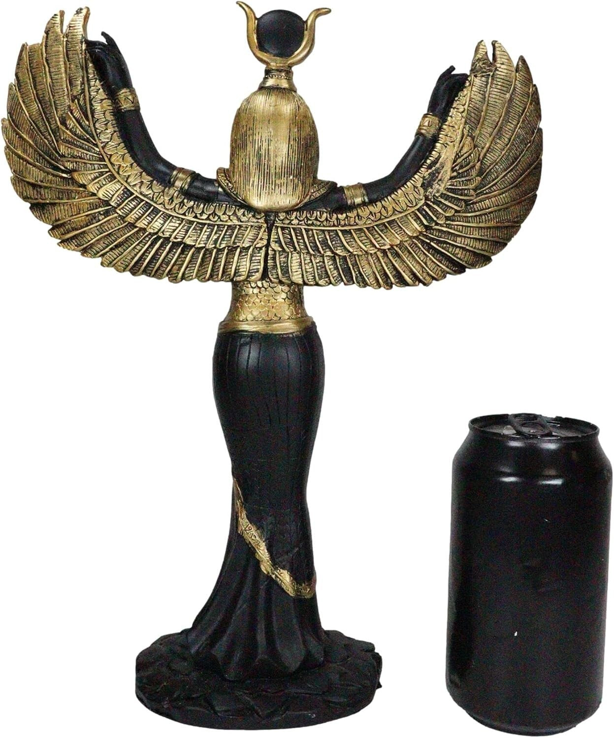 Handcrafted Isis Goddess Statue - 12" Open Wings Decor in Elegant Black & Gold