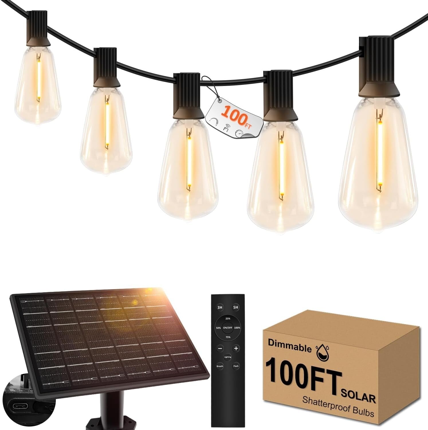 Versatile 100ft Solar String Lights - USB Rechargeable, Ideal for Garden & Porch