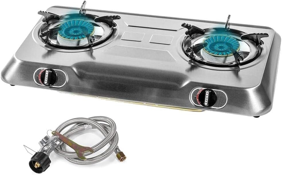 25,516 BTU Portable Double Burner Stove - Stainless Steel for Outdoor Cooking