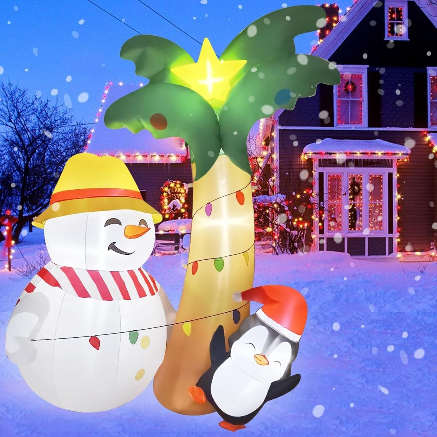 7FT Inflatable Hawaiian Palm Tree with Snowman & Penguin - Christmas Décor